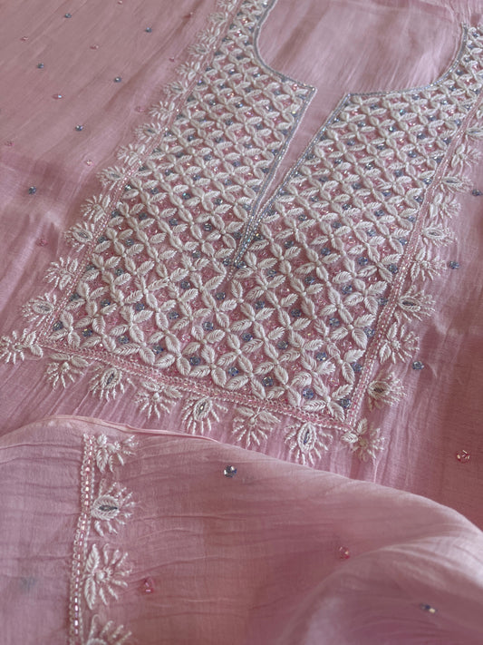Lite Pink Suit Set with Pearl, Cut Daana and Thread Handwork in Pure Mul Chanderi - Masakalee