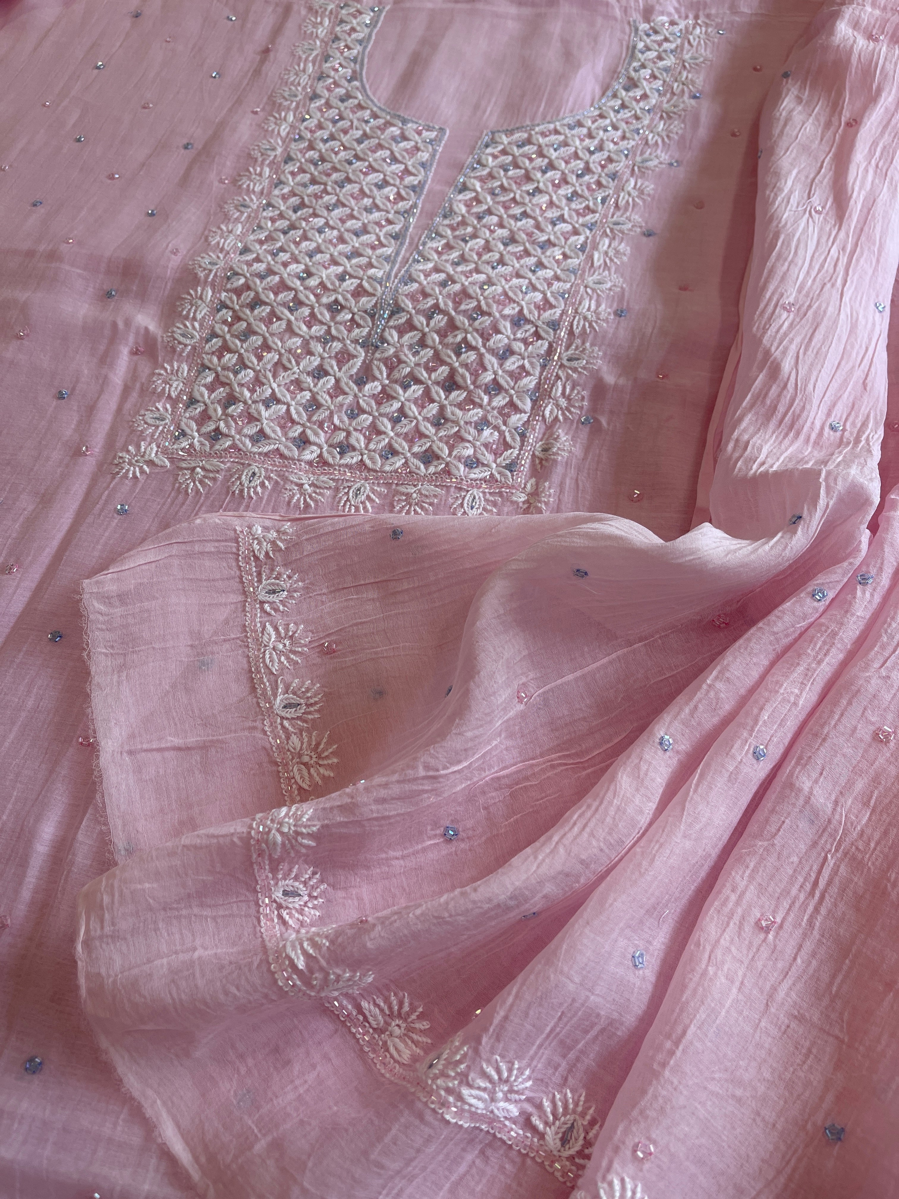Lite Pink Suit Set with Pearl, Cut Daana and Thread Handwork in Pure Mul Chanderi - Masakalee