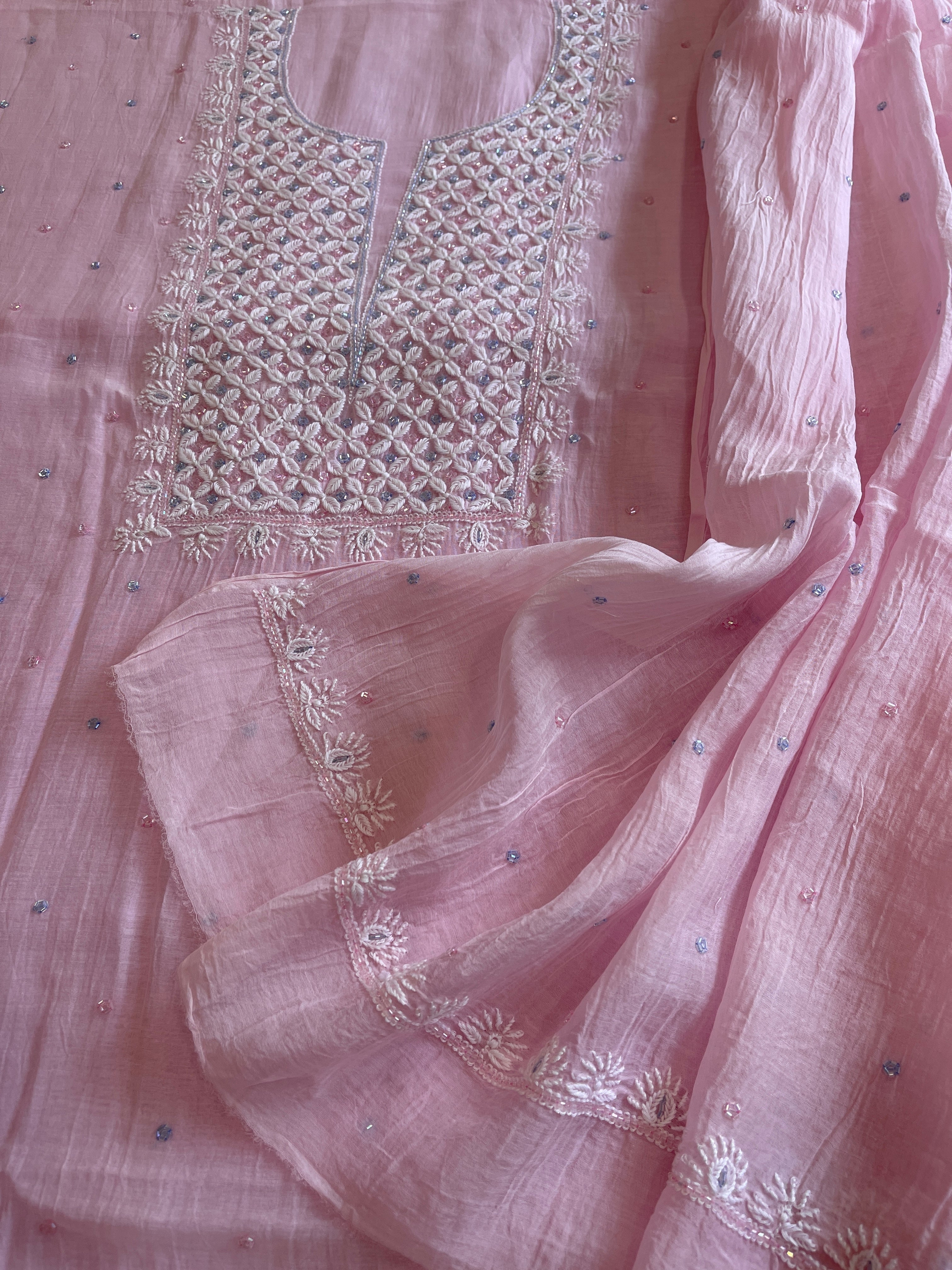 Lite Pink Suit Set with Pearl, Cut Daana and Thread Handwork in Pure Mul Chanderi - Masakalee