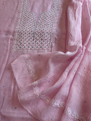 Lite Pink Suit Set with Pearl, Cut Daana and Thread Handwork in Pure Mul Chanderi - Masakalee