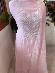 Lite Pink Suit Set with Pearl, Cut Daana and Thread Handwork in Pure Mul Chanderi - Masakalee