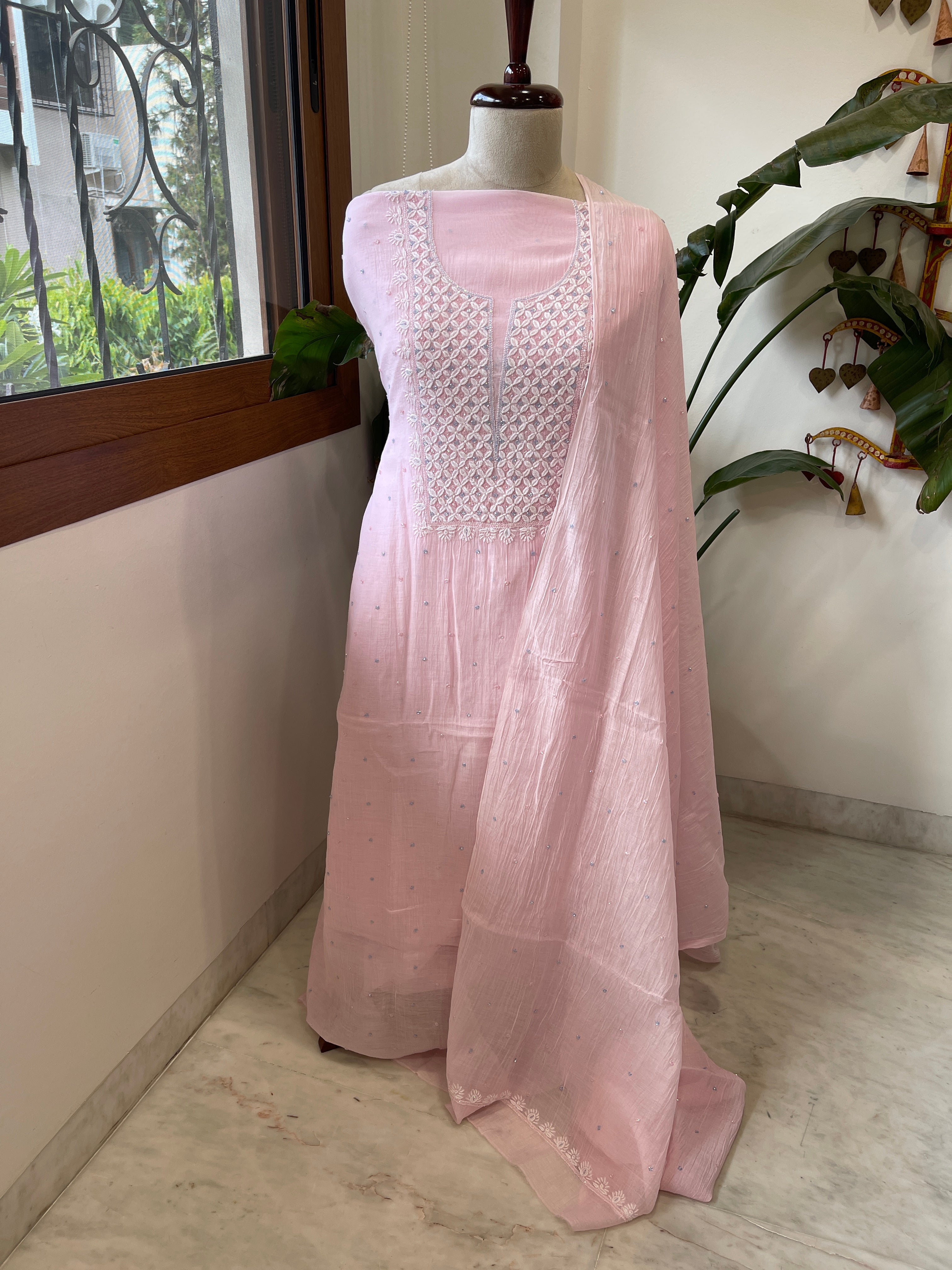 Lite Pink Suit Set with Pearl, Cut Daana and Thread Handwork in Pure Mul Chanderi - Masakalee
