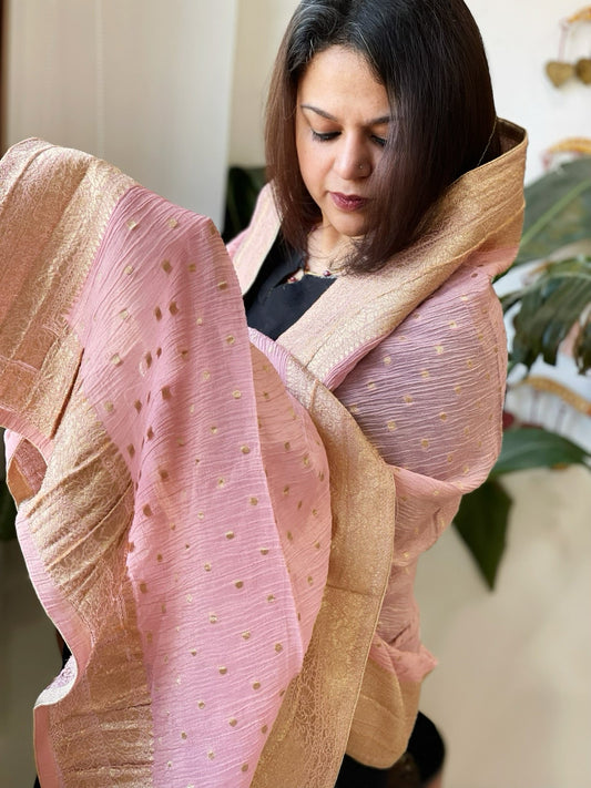 Lite Pink Woven Banarasi Dupatta in Tissue - Masakalee