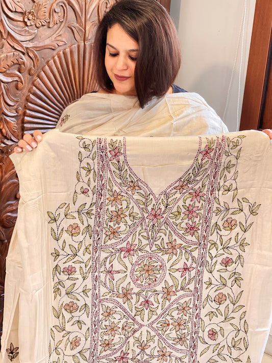 Lite Pinkish Brown Suit Set with Kantha Handwork in Pure Tussar Silk - Masakalee