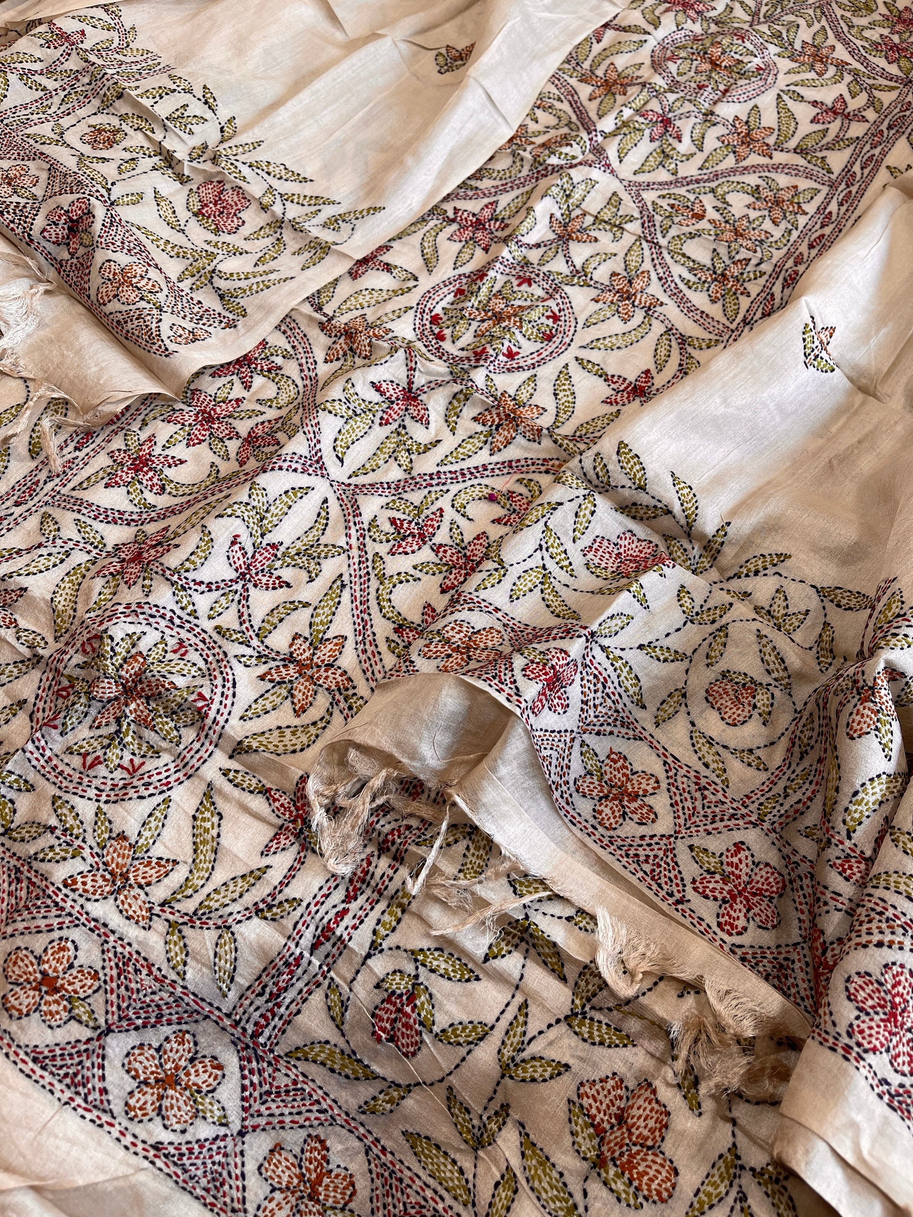 Lite Pinkish Brown Suit Set with Kantha Handwork in Pure Tussar Silk - Masakalee