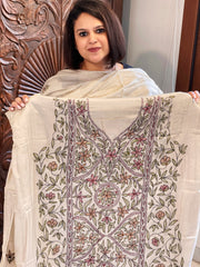 Lite Pinkish Brown Suit Set with Kantha Handwork in Pure Tussar Silk - Masakalee
