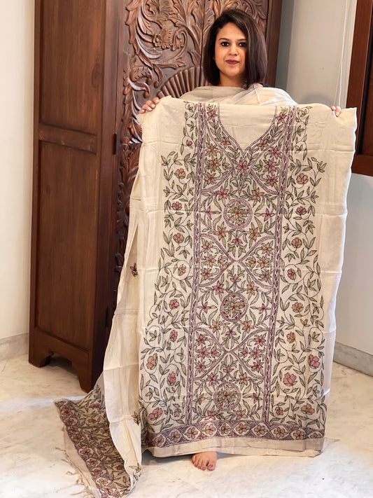 Lite Pinkish Brown Suit Set with Kantha Handwork in Pure Tussar Silk - Masakalee