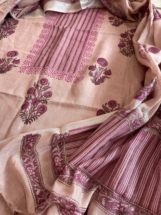 Lite Plum Handblock Printed Suit Set in Pure Linen - Masakalee