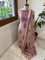 Lite Plum Handblock Printed Suit Set in Pure Linen - Masakalee