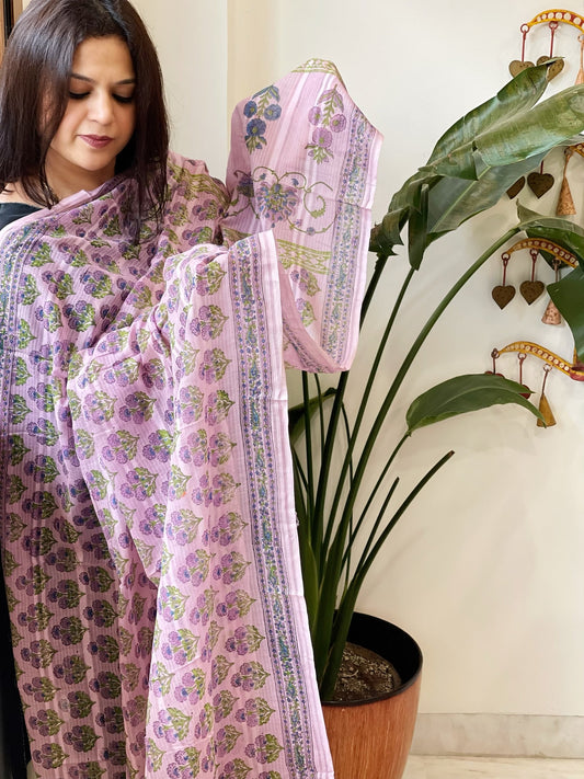Lite Purple Mul Cotton Handblock Printed Dupatta - Masakalee