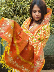 Lite Yellow Handwoven Ikat Patola with Gotapatti & Pearl Handwork dupatta in Pure Silk - Masakalee