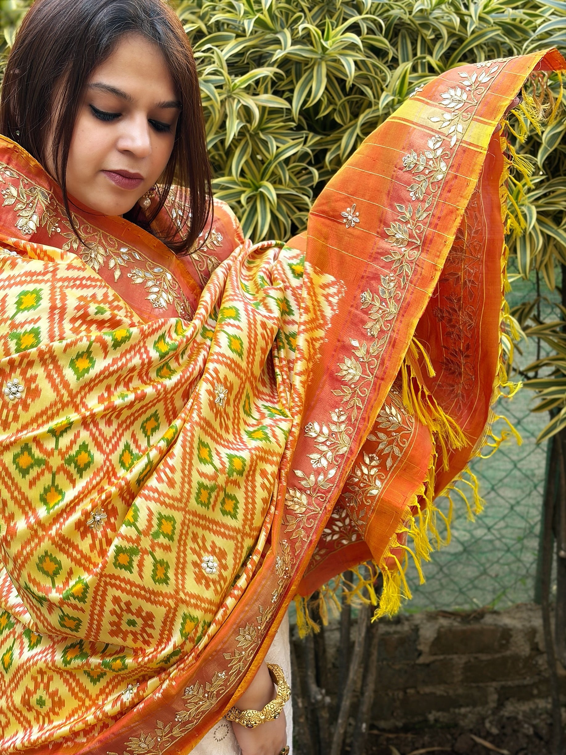 Lite Yellow Handwoven Ikat Patola with Gotapatti & Pearl Handwork dupatta in Pure Silk - Masakalee