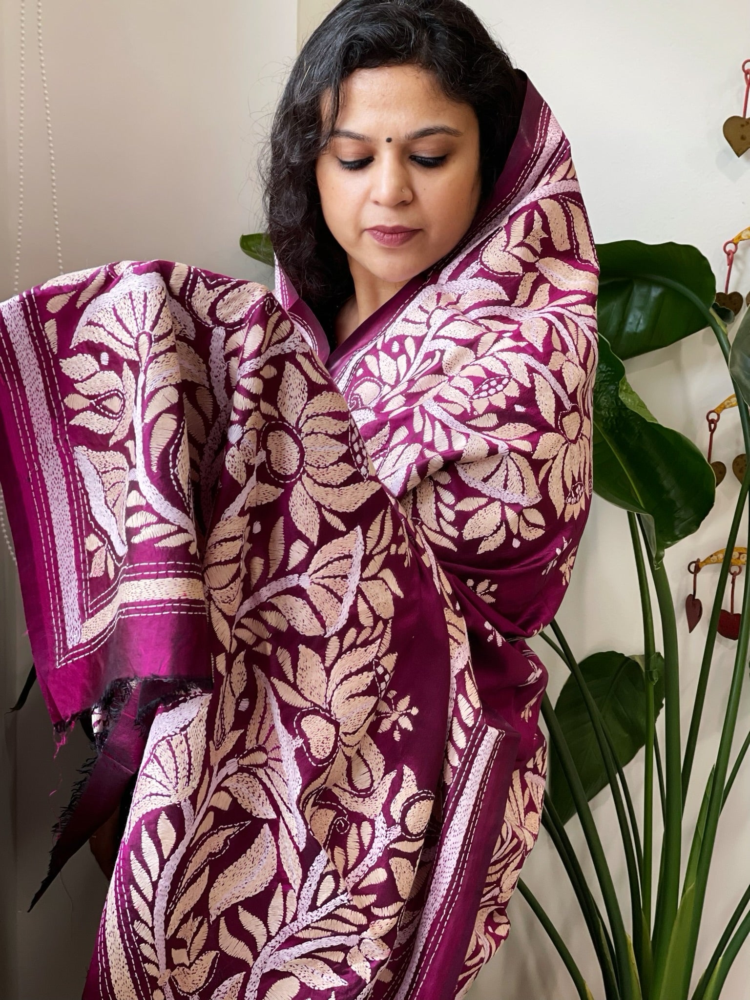 Magenta Handmade Nakshi Kantha Dupatta in Pure Silk - Masakalee