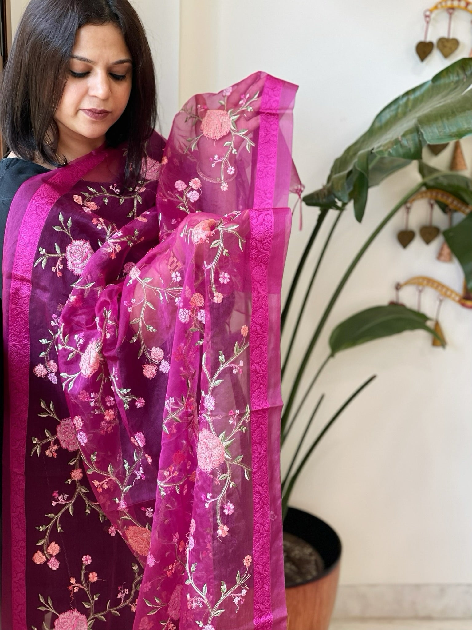 Magenta Organza Dupatta with Thread Embroidery - Masakalee