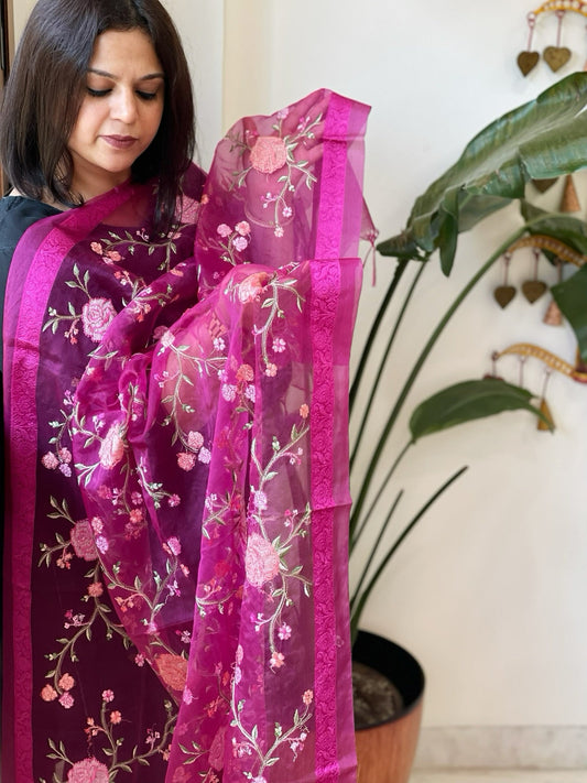 Magenta Organza Dupatta with Thread Embroidery - Masakalee