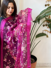 Magenta Organza Dupatta with Thread Embroidery - Masakalee