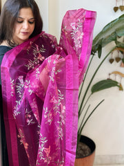 Magenta Organza Dupatta with Thread Embroidery - Masakalee