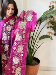 Magenta Organza Dupatta with Thread Embroidery - Masakalee