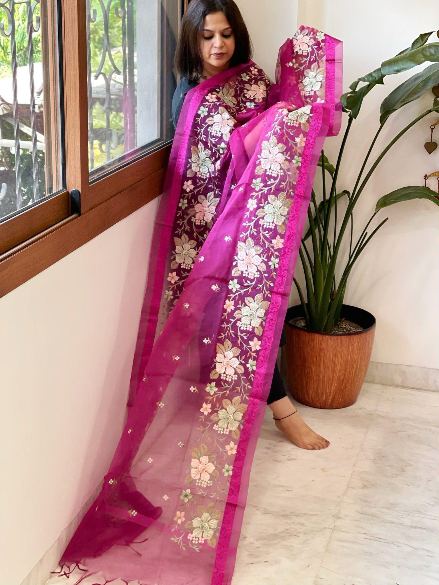 Magenta Organza Dupatta with Thread Embroidery - Masakalee