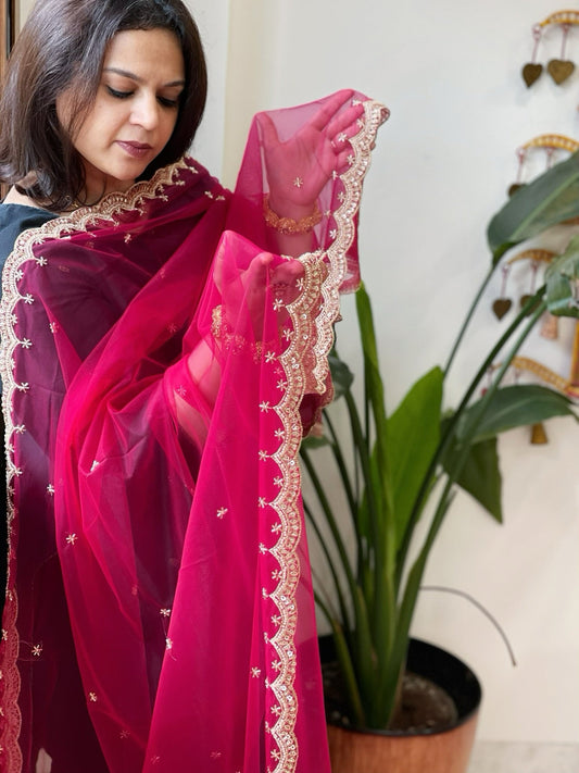 Magenta Pink Net Dupatta with Pearl, Sequin and Cut Daana Embroidery - Masakalee