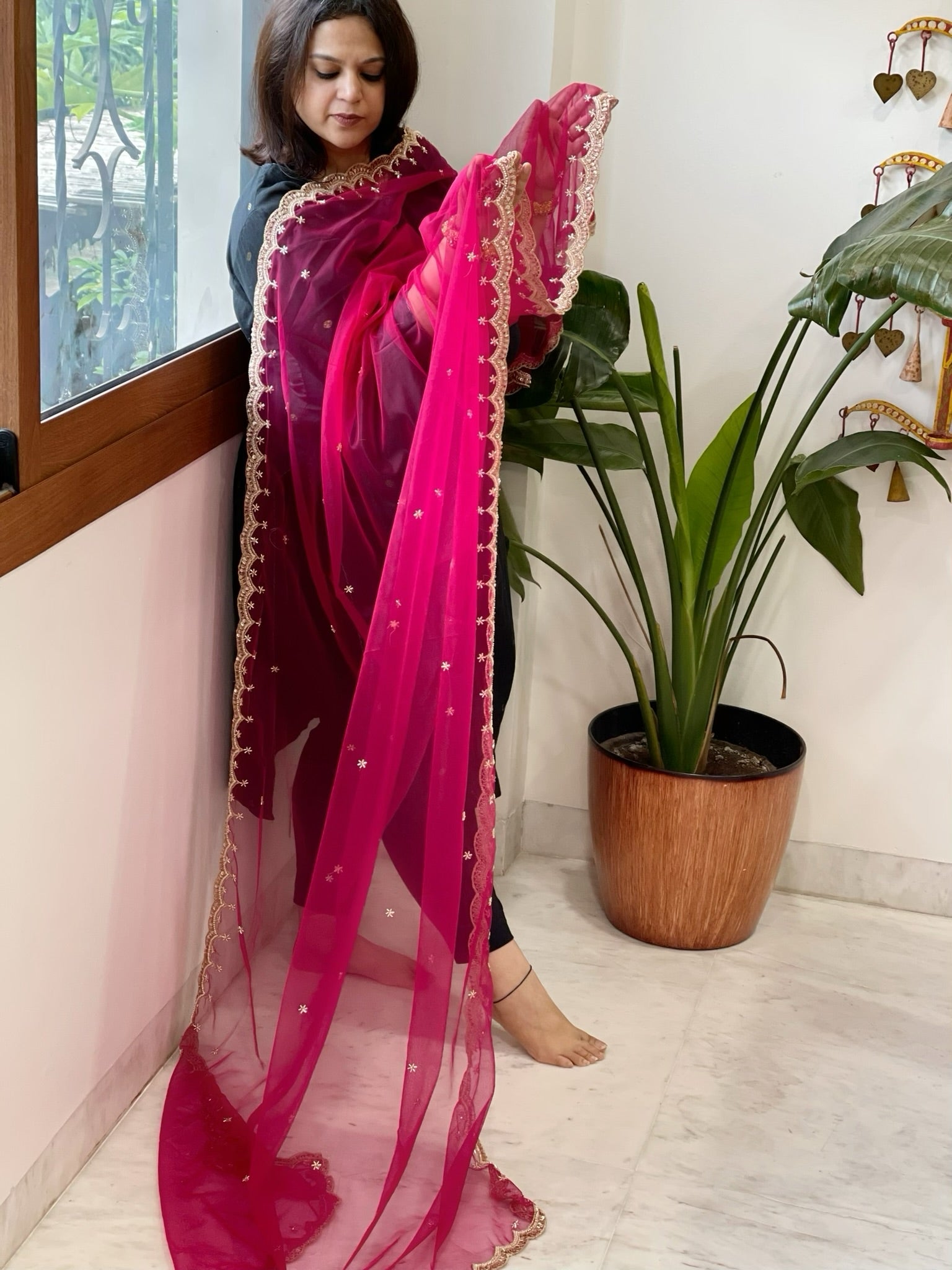 Magenta Pink Net Dupatta with Pearl, Sequin and Cut Daana Embroidery - Masakalee