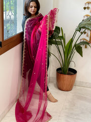 Magenta Pink Net Dupatta with Pearl, Sequin and Cut Daana Embroidery - Masakalee