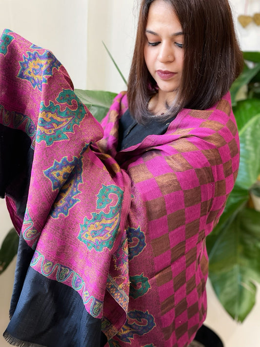 Magenta Pink Woven Pashmina Zari Shawl with Kaani Pallu - Masakalee