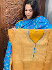 Mango Yellow Dupatta Set (Kurta+Dupatta) with Handblock Print in Pure Tussar Silk - Masakalee