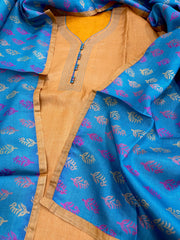 Mango Yellow Dupatta Set (Kurta+Dupatta) with Handblock Print in Pure Tussar Silk - Masakalee