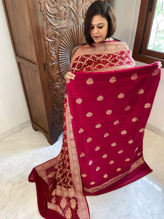 Maroon Banarasi Suit Set in Raw Silk with Neemzari Bandhani Dupatta - Masakalee