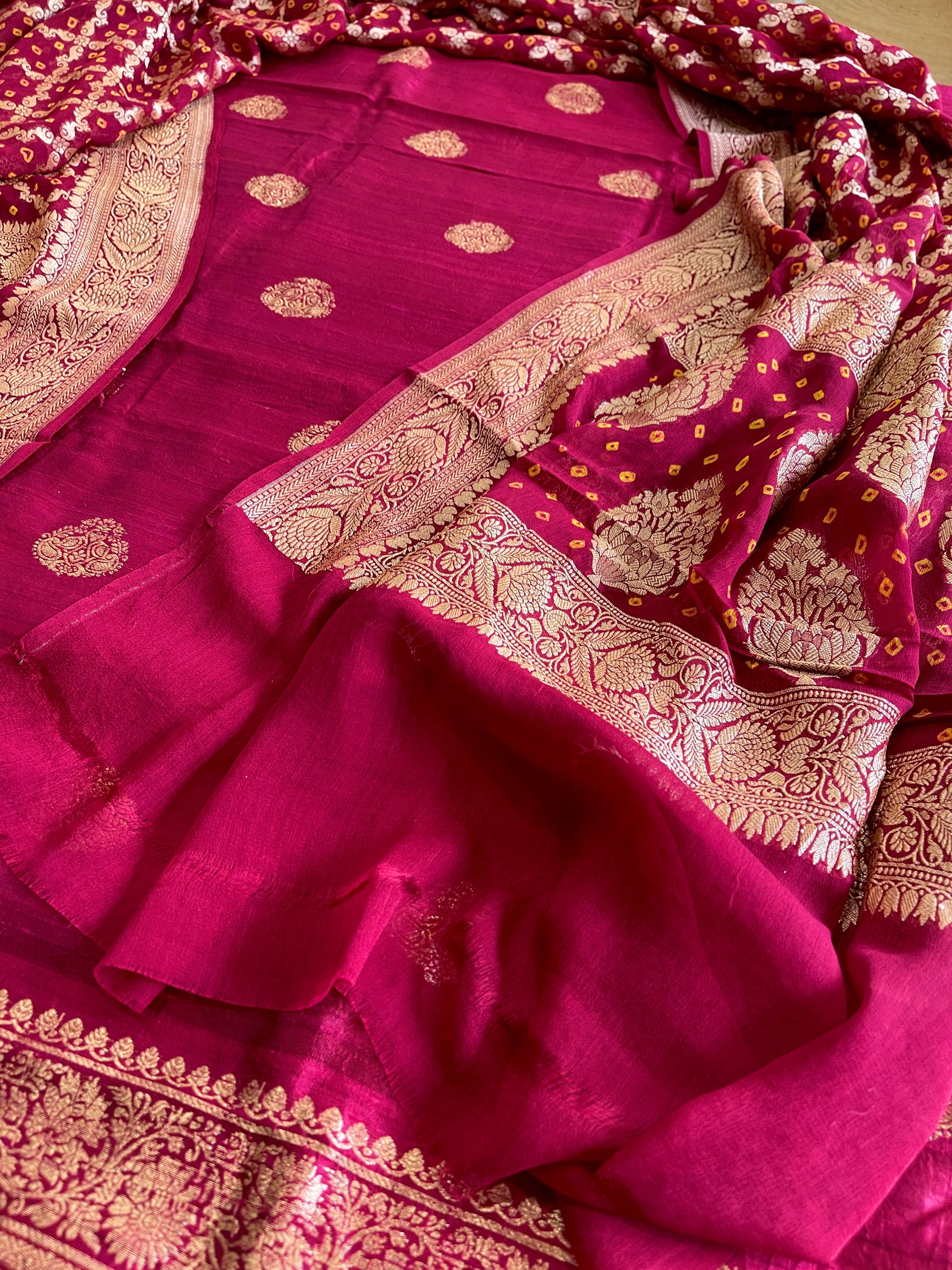 Maroon Banarasi Suit Set in Raw Silk with Neemzari Bandhani Dupatta - Masakalee