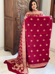 Maroon Banarasi Suit Set in Raw Silk with Neemzari Bandhani Dupatta - Masakalee