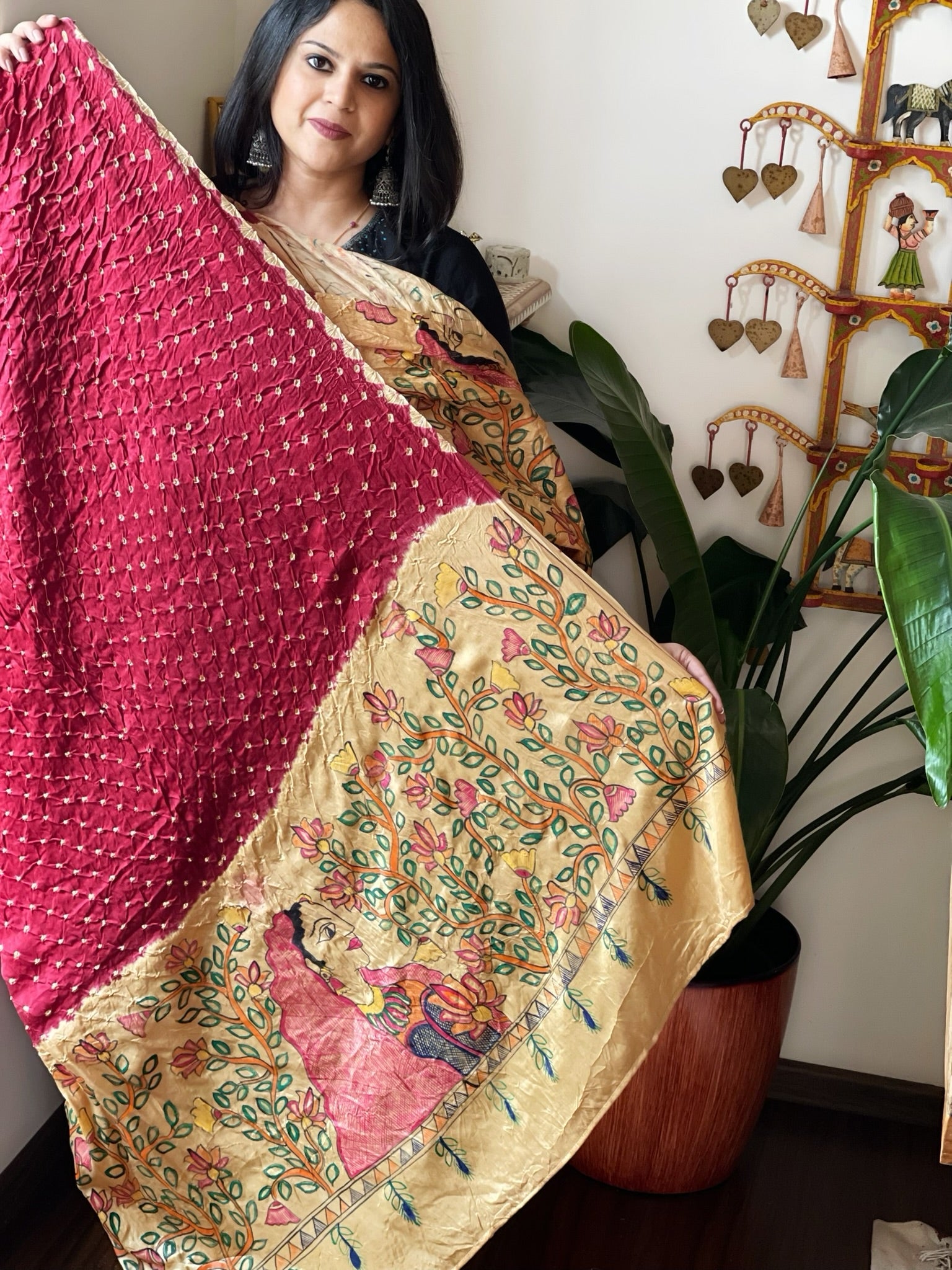 Maroon Bandhani Dupatta with Handpainted Madhubani Pallu in Modal Silk - Masakalee