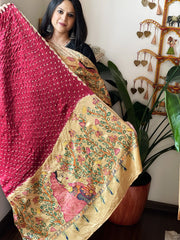 Maroon Bandhani Dupatta with Handpainted Madhubani Pallu in Modal Silk - Masakalee