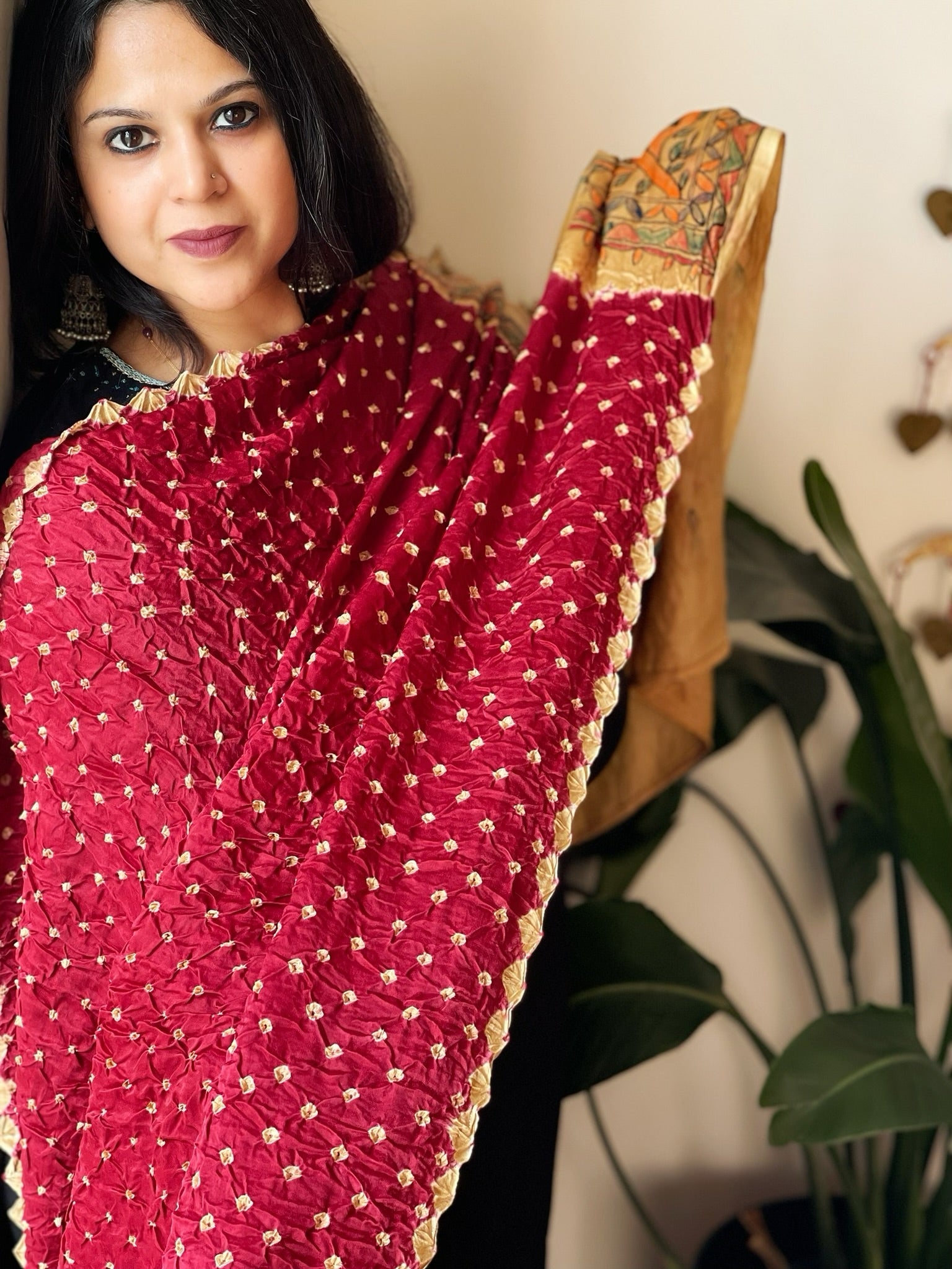 Maroon Bandhani Dupatta with Handpainted Madhubani Pallu in Modal Silk - Masakalee