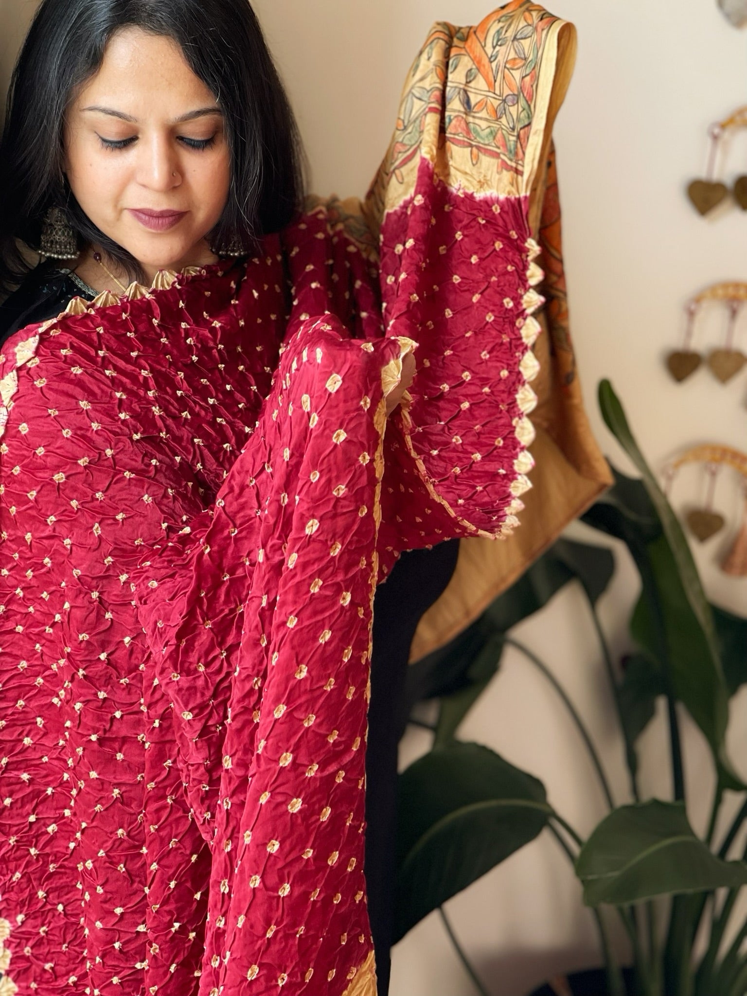 Maroon Bandhani Dupatta with Handpainted Madhubani Pallu in Modal Silk - Masakalee