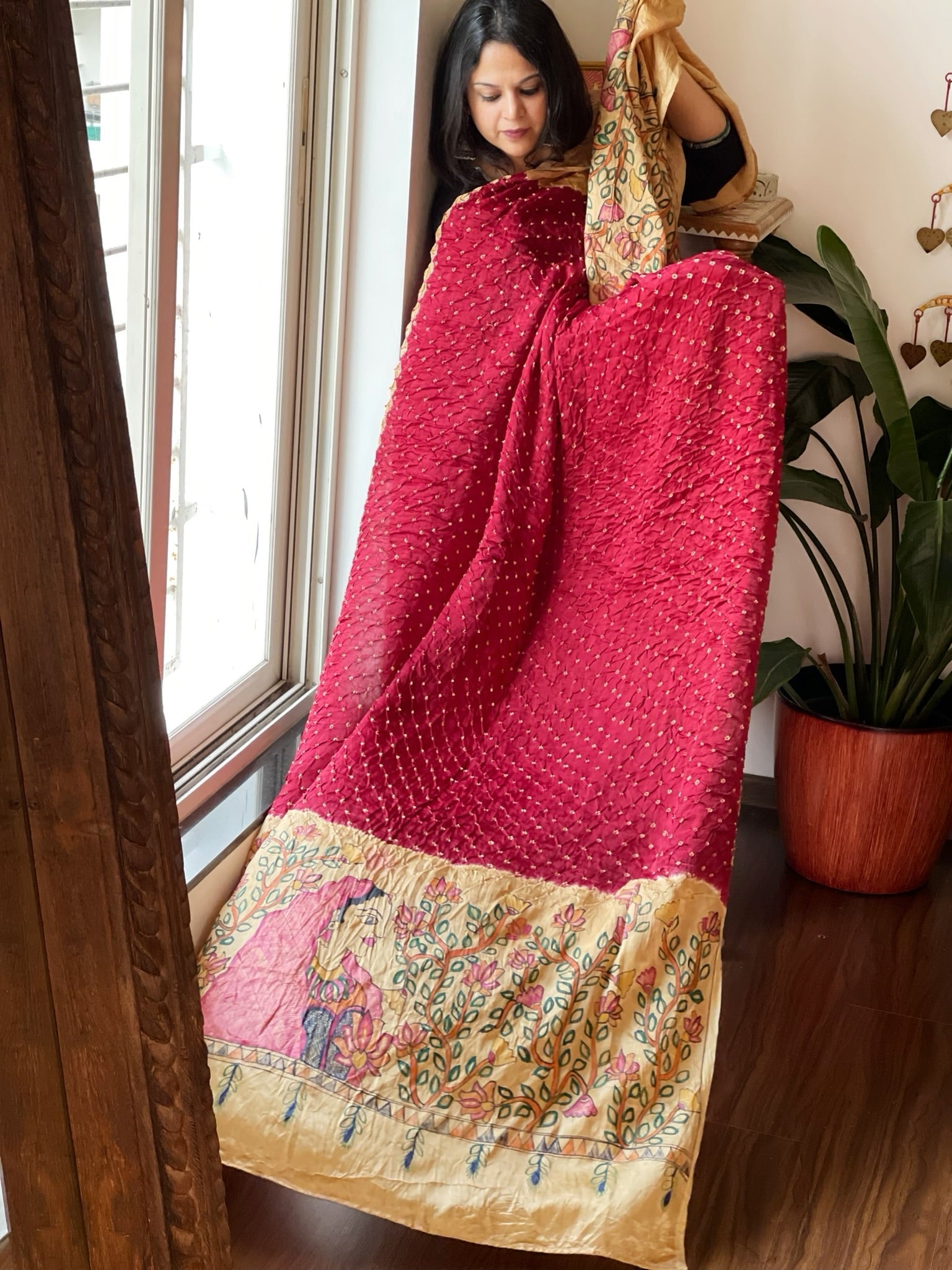 Maroon Bandhani Dupatta with Handpainted Madhubani Pallu in Modal Silk - Masakalee
