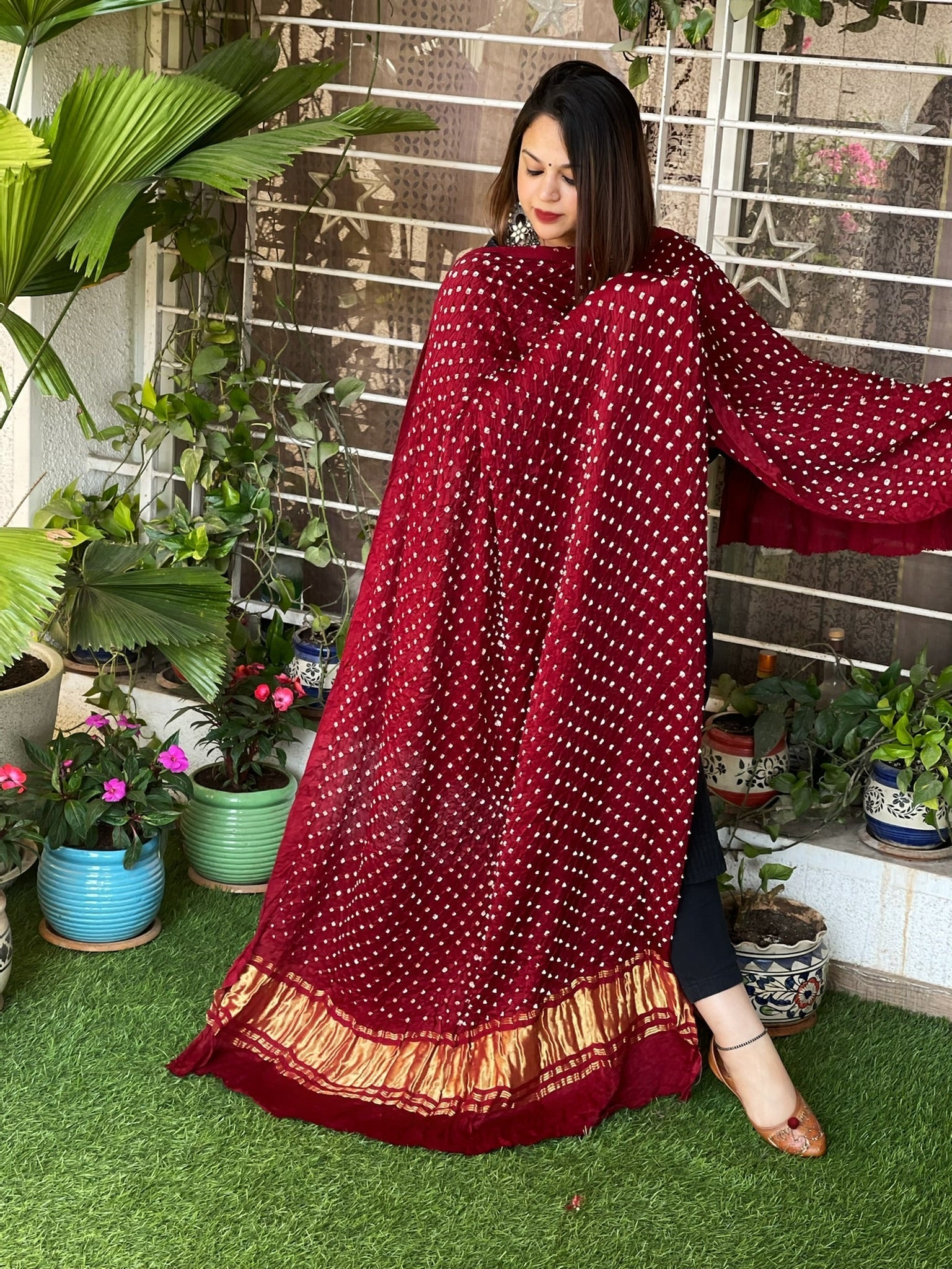 Maroon Bandhani Dupatta with Zari Pallu in Modal Silk Masakalee