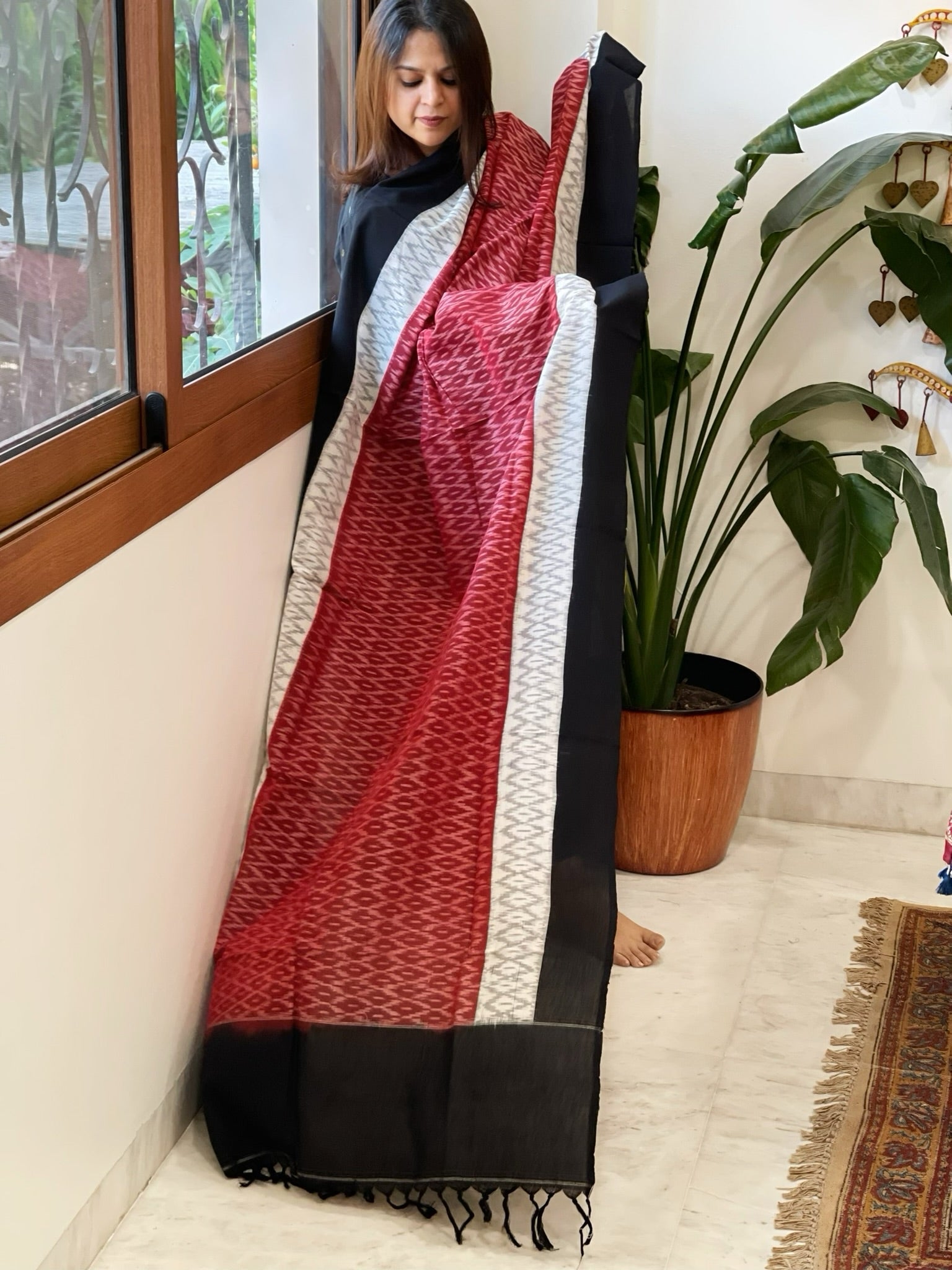 Maroon, Black Handwoven Ikat Dupatta in Cotton - Masakalee