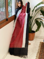 Maroon, Black Handwoven Ikat Dupatta in Cotton - Masakalee
