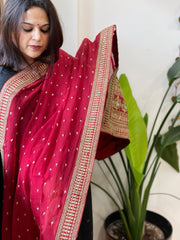 Maroon Chinon Dupatta with Sequin and Aari Embroidery - Masakalee