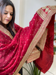 Maroon Chinon Dupatta with Sequin and Aari Embroidery - Masakalee