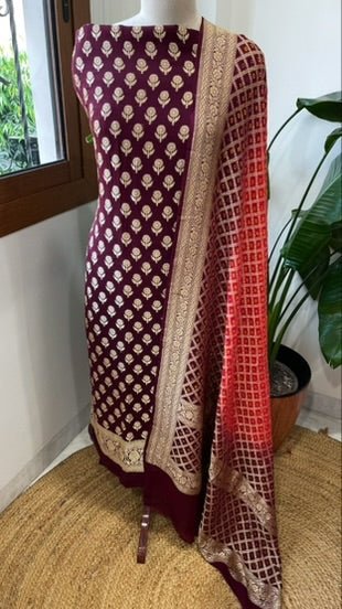 Maroon, Coral Red Handwoven Banarasi Suit Set in Pure Georgette - Masakalee