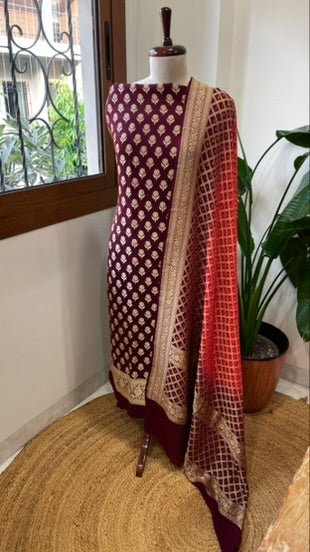 Maroon, Coral Red Handwoven Banarasi Suit Set in Pure Georgette - Masakalee