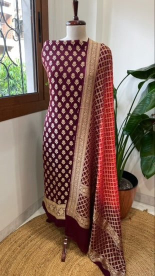 Maroon, Coral Red Handwoven Banarasi Suit Set in Pure Georgette - Masakalee
