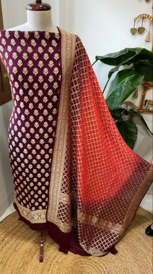 Maroon, Coral Red Handwoven Banarasi Suit Set in Pure Georgette - Masakalee