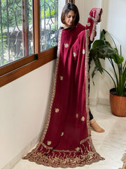 Maroon Crepe Dupatta with Pearl, Cut Daana, Gold Thread & Sequin Embroidery - Masakalee