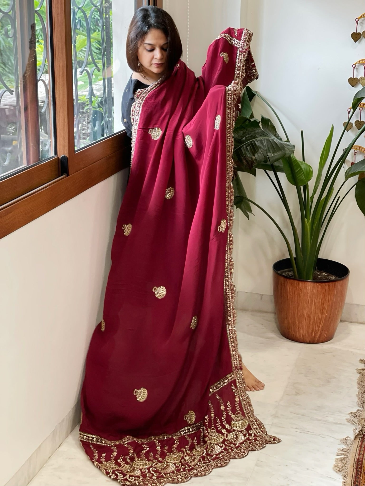 Maroon Crepe Dupatta with Pearl, Cut Daana, Gold Thread & Sequin Embroidery - Masakalee