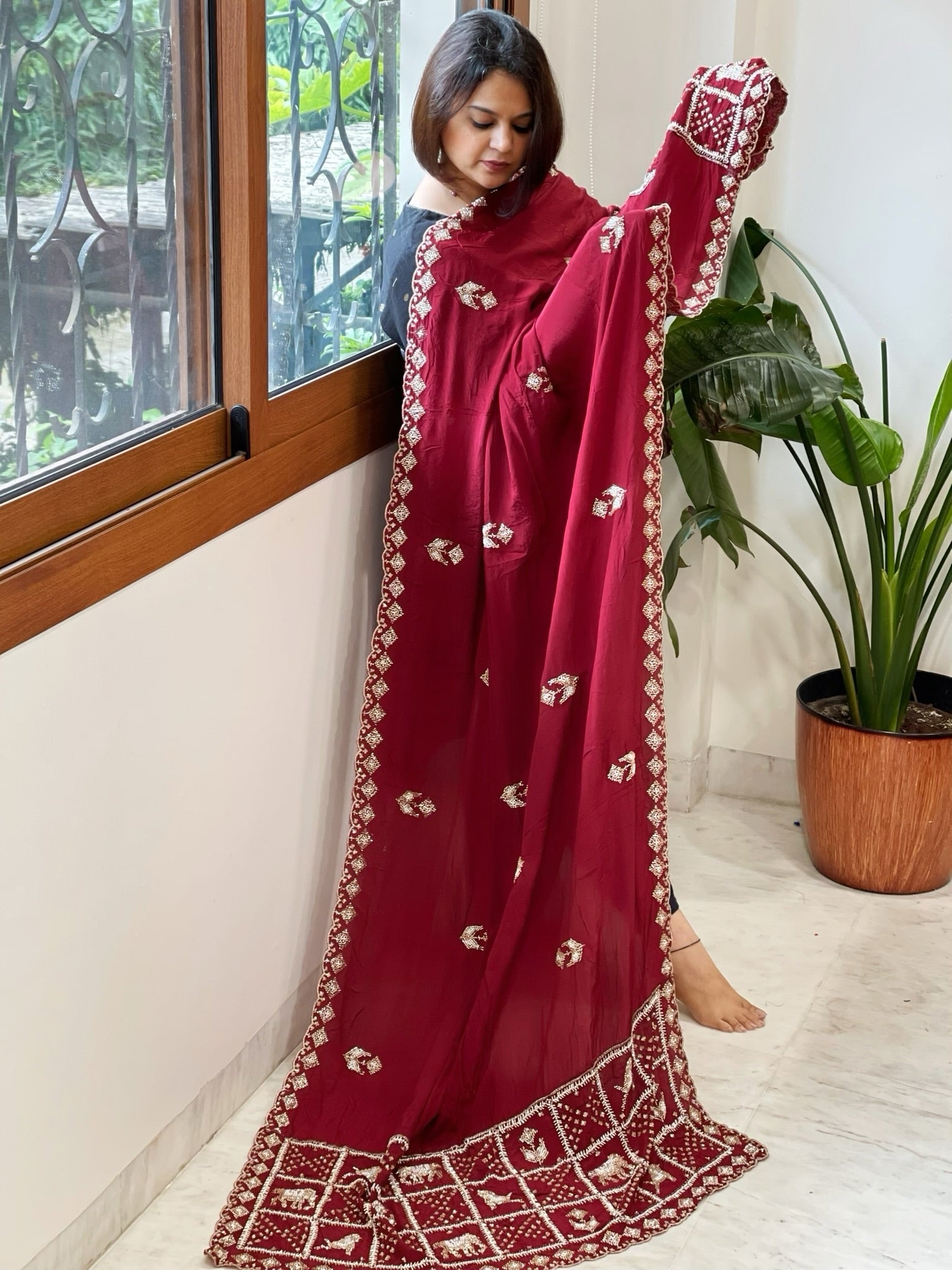 Maroon Crepe Dupatta with Pearl, Cut Daana, Gold Thread & Sequin Embroidery - Masakalee