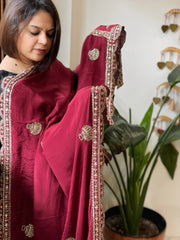 Maroon Crepe Dupatta with Pearl, Cut Daana, Gold Thread & Sequin Embroidery - Masakalee